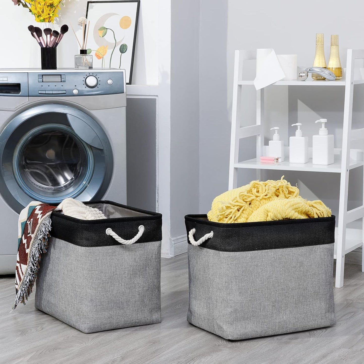Bidtakay Storage Baskets Extra Large Baskets for Organizing Grey Rectangle Laundry Basket Linen Fabric Bins Set of 2 Clothes Baskets for Closet Shelves Hallway Bedroom Toy Organizer 17x12x15 In