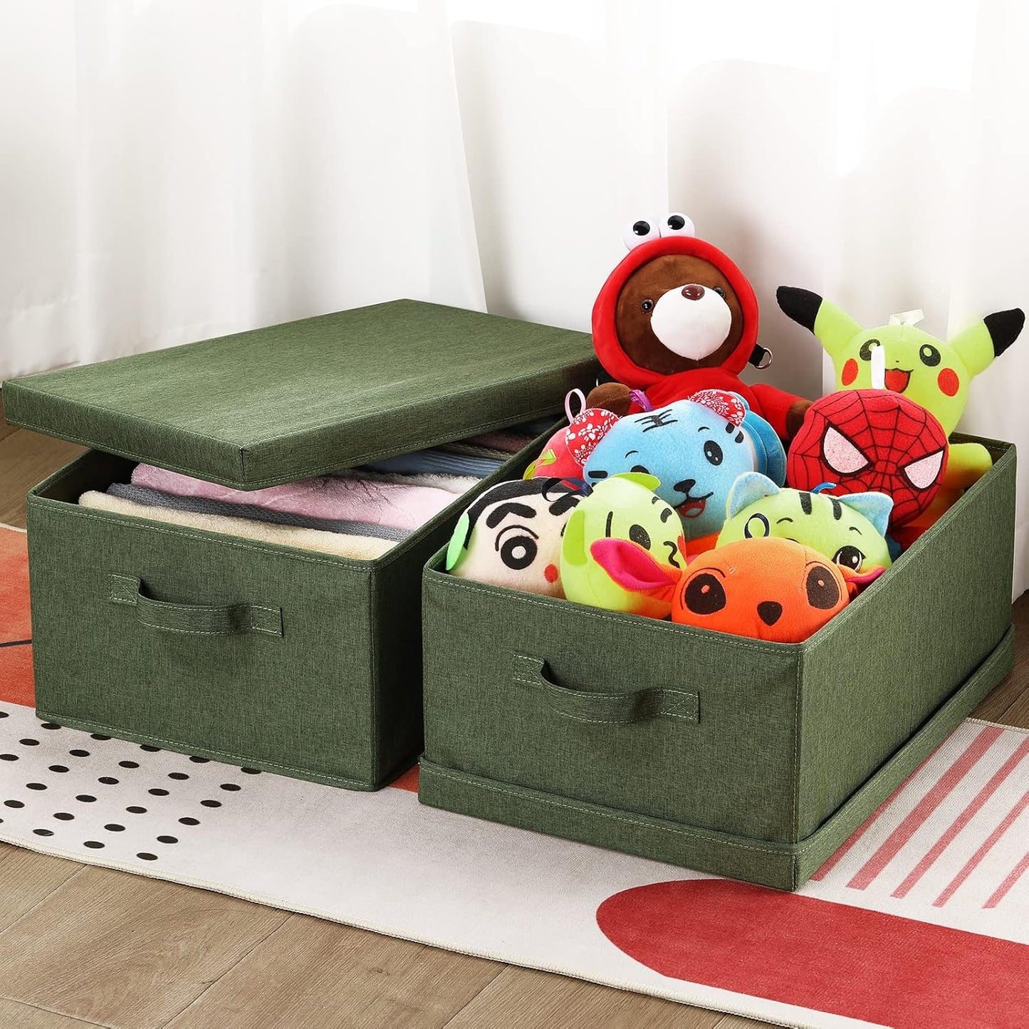 HOONEX Storage Bins with Lids for Organizing, Pack of 2, Storage Boxes with 2 Carrying Handles and Sturdy Heavy Cardboard, 16.5" L x 11.8" W x 7.5" H for Shoes, Books, Clothes, Olive