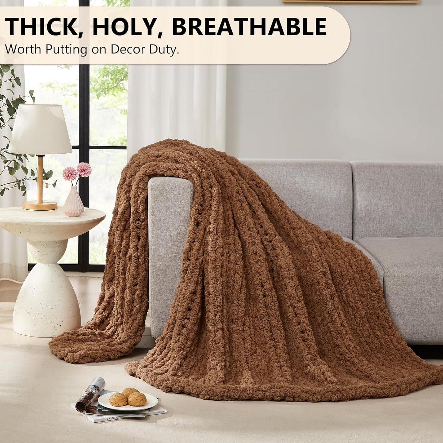 L'AGRATY Chunky Knit Blanket Throw - Soft Chunky Throw Blanket 30x40 inches: 100% Hand Kintted Chenile Crochet Throw Blanket for Couch - Large Cable Knit Chunky Blanket for Home Decor(Brown)
