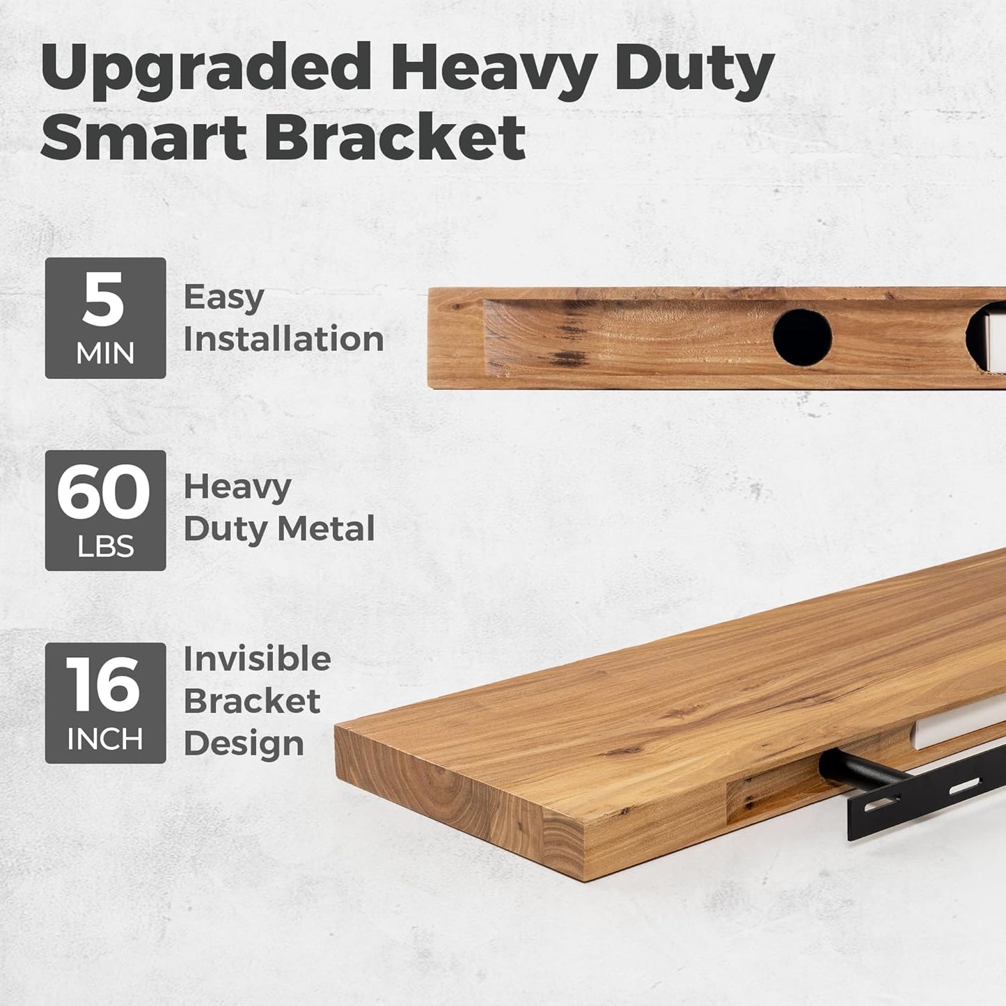 RICHFOCUS Elm Floating Shelves for Wall - 55" W x 9.3" D Rustic Solid Wood Shelves with Invisible Bracket, Wall-Mounted for Living Room, Bedroom, Kitchen Storage & Display, Set of 1, Natural
