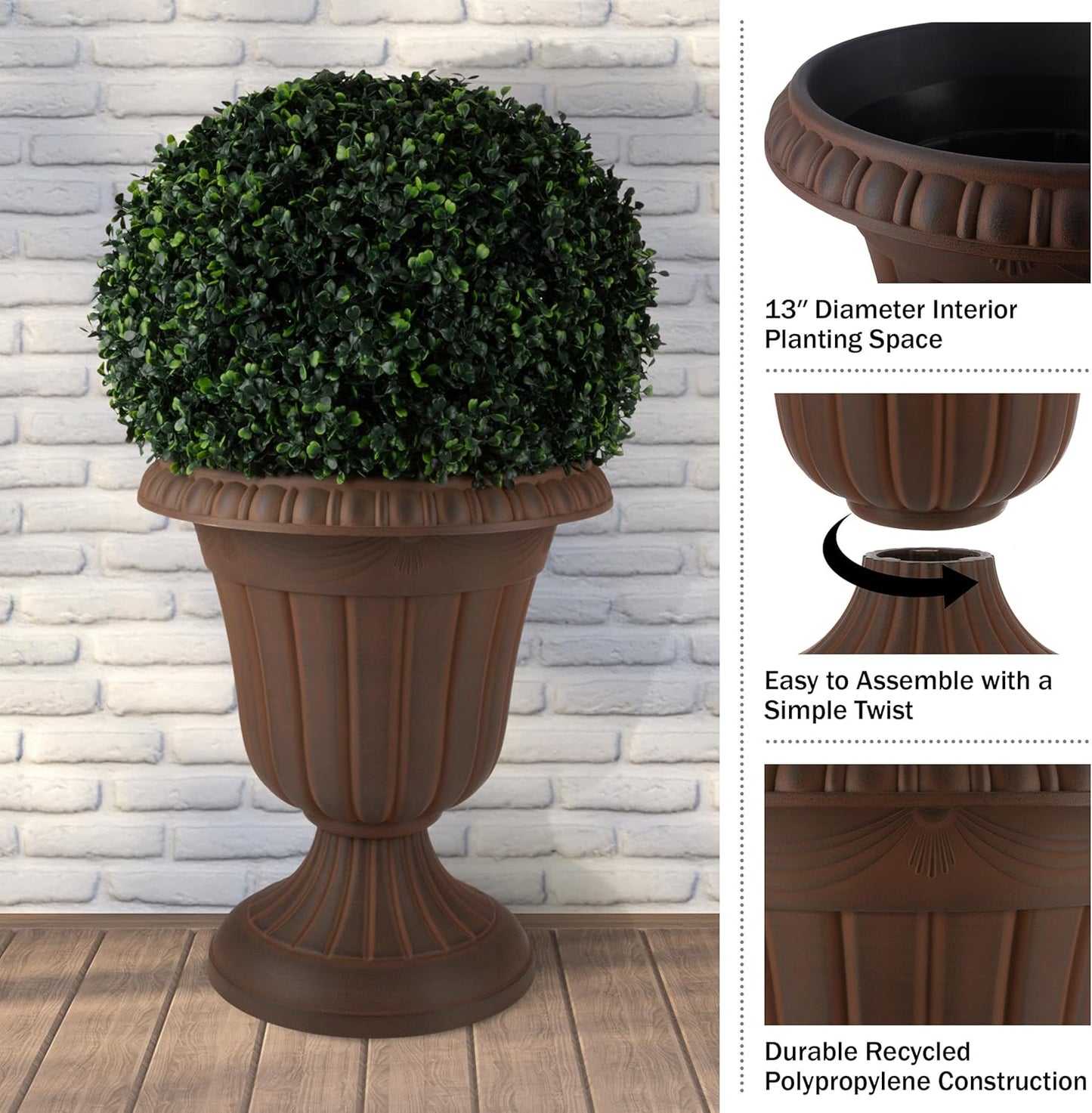 Pure Garden Outdoor Planter 2-Pack - 16x18-Inch Urn Planters - Plastic Plant Pots for Indoor, Outdoor, or Front Porch Decor - Flower Pots (Brown)