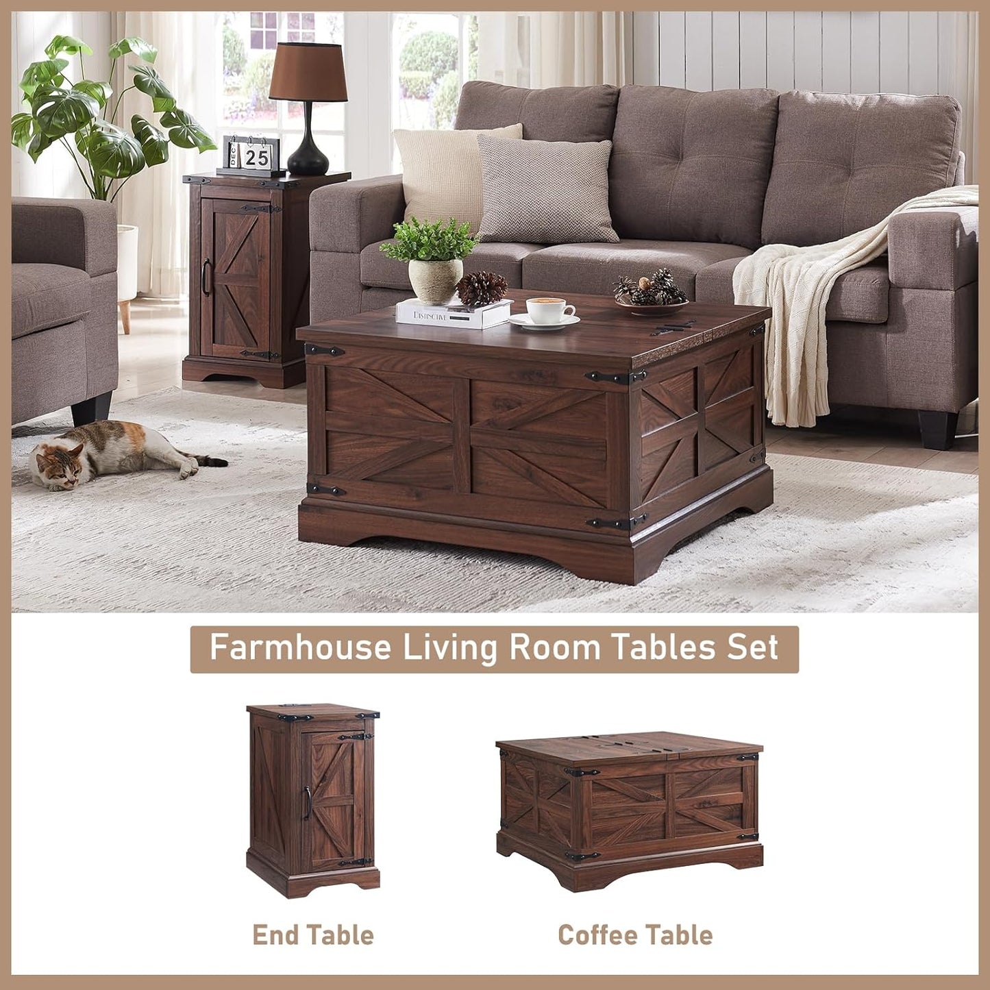 JXQTLINGMU Farmhouse Nightstand Set of 2 with Charging Station, 17" D Rectangular End Table with Barn Door & Adjustable Storage Shelf, Wood Rustic Sofa Side Table for Living Room, Bedroom, Brown