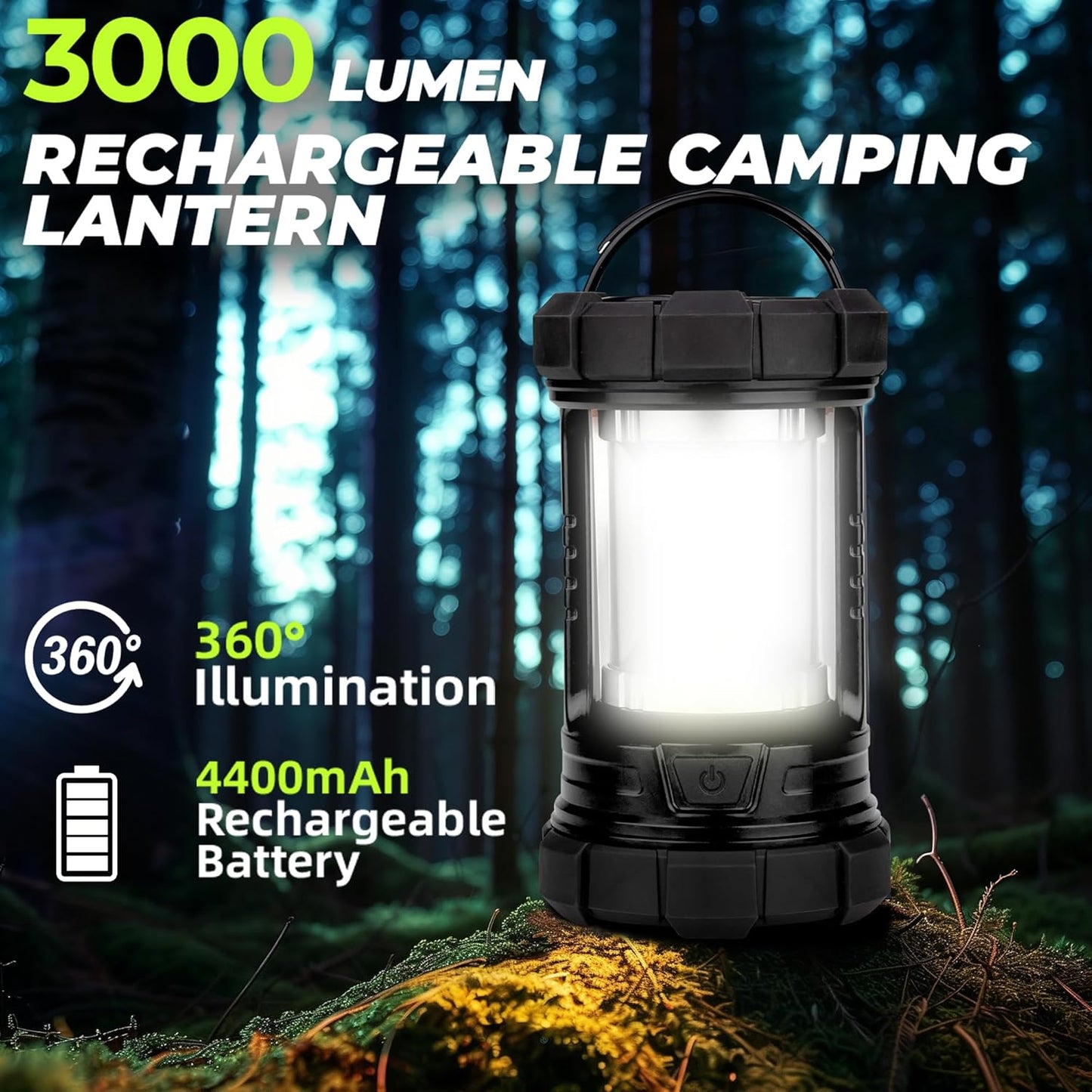Rechargeable Camping Lantern, 3000LM 5 Light Modes Camping Light 4400 Capacity Phone Charger LED Impact-Resistant Flashlight Lantern Portable Waterproof Hurricane Lanterns for Emergency(Black)