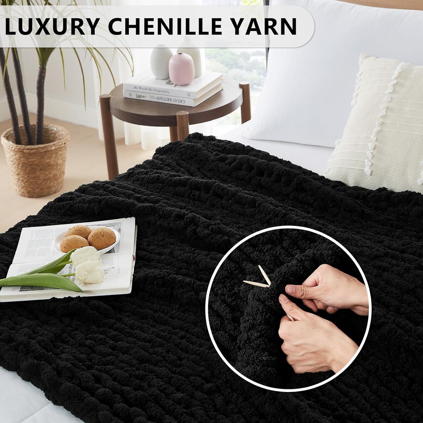 L'AGRATY Chunky Knit Blanket Throw: 80''x90'' Chenille Chunky Knitted Throw Blanket for Bed Couch - Handmade Thick Big Cable Knit Blanket - Large Chunky Crochet Rope Blanket for Home Decor(Black)