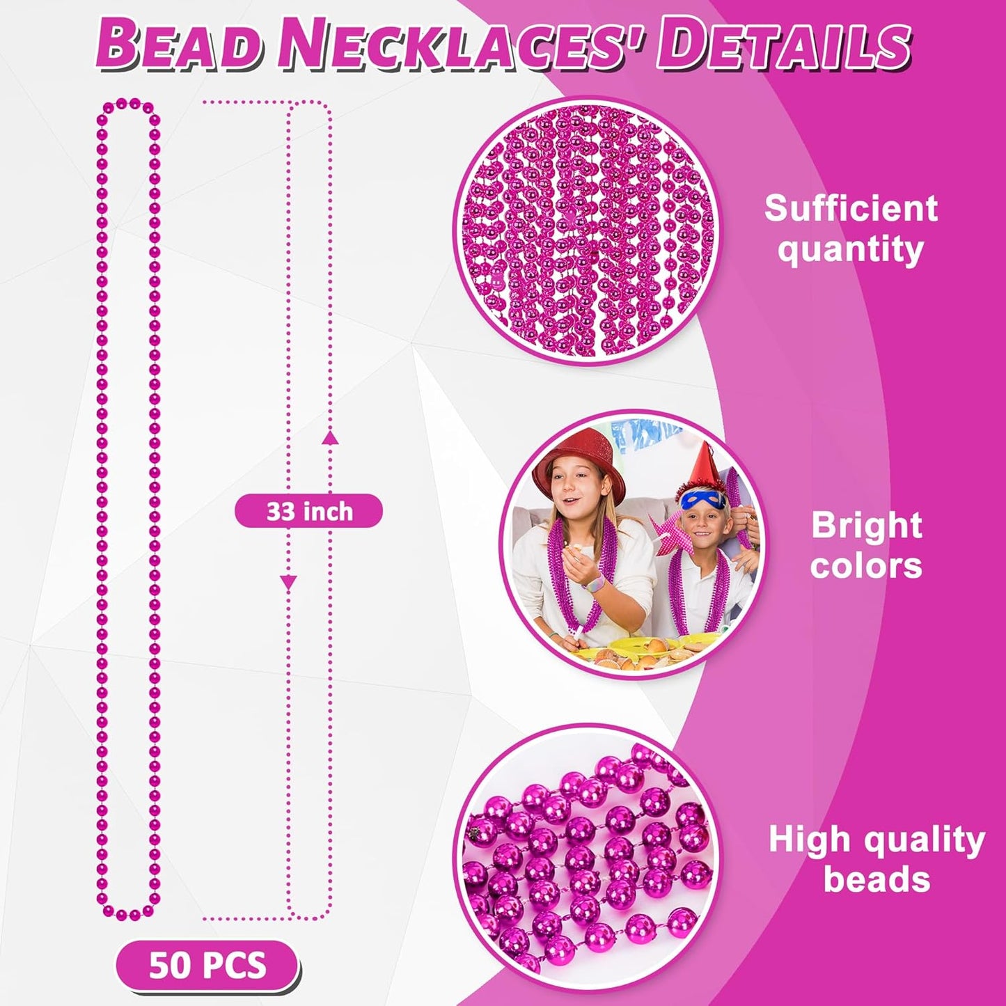 50PCS Bead Necklace, Metallic Mardi Gras Pink Bead Necklace, 33" Mardi Gras Round Beaded, Festival Parade Throw for Breast Cancer Awareness Accessories Gender Reveal Party Supplies Decor