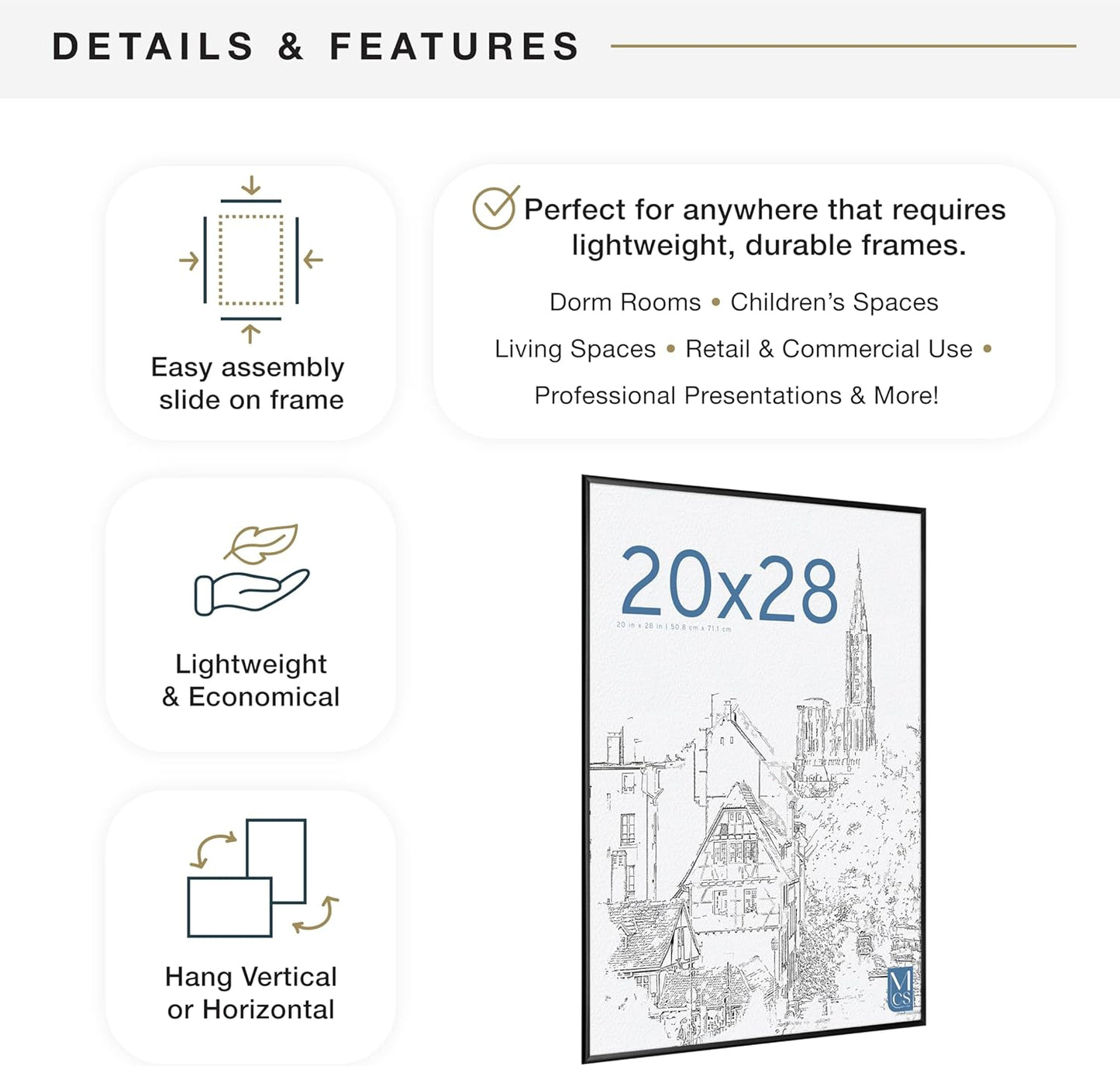 MCS Original Poster Frame 20x28 Black Lightweight Vertical & Horizontal Wall Hanging Large Picture Frame for Posters, Art Prints & Gallery Wall (2-Pack)