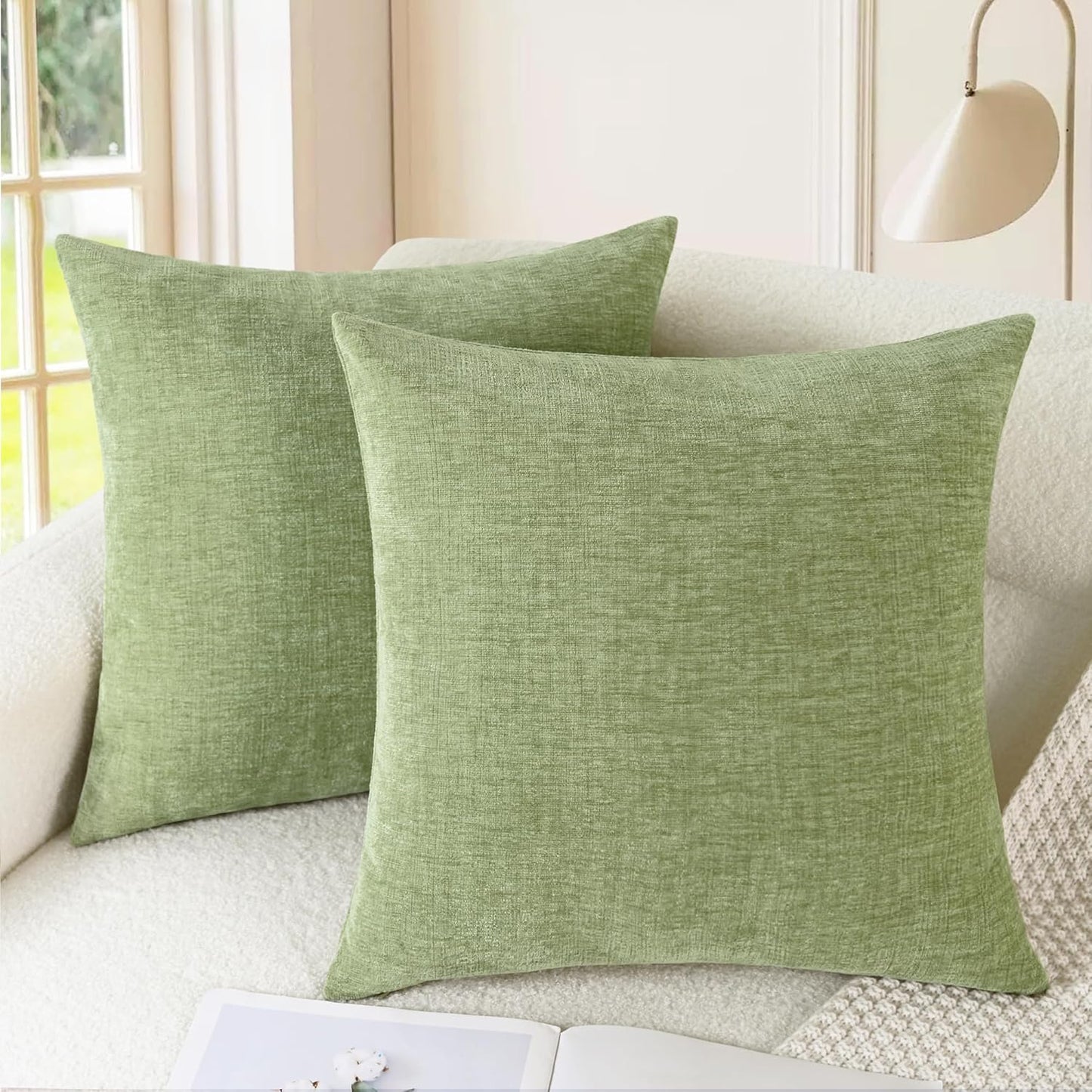 CaliTime Throw Pillow Covers Decorative 22 X 22 Inches Pack of 2 Cozy Chenille Cushion Cases for Couch Sofa Bed Living Room Home Sage Green