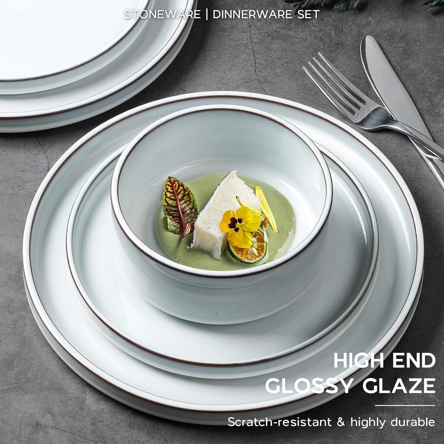 Onader Ceramic Dinnerware Sets for 6, Stoneware Plates and Bowls with Rustic Terracotta Bottom, Elegant Kitchen Dinner Dish Set, 18-Piece Dishware Tableware - Glacier White