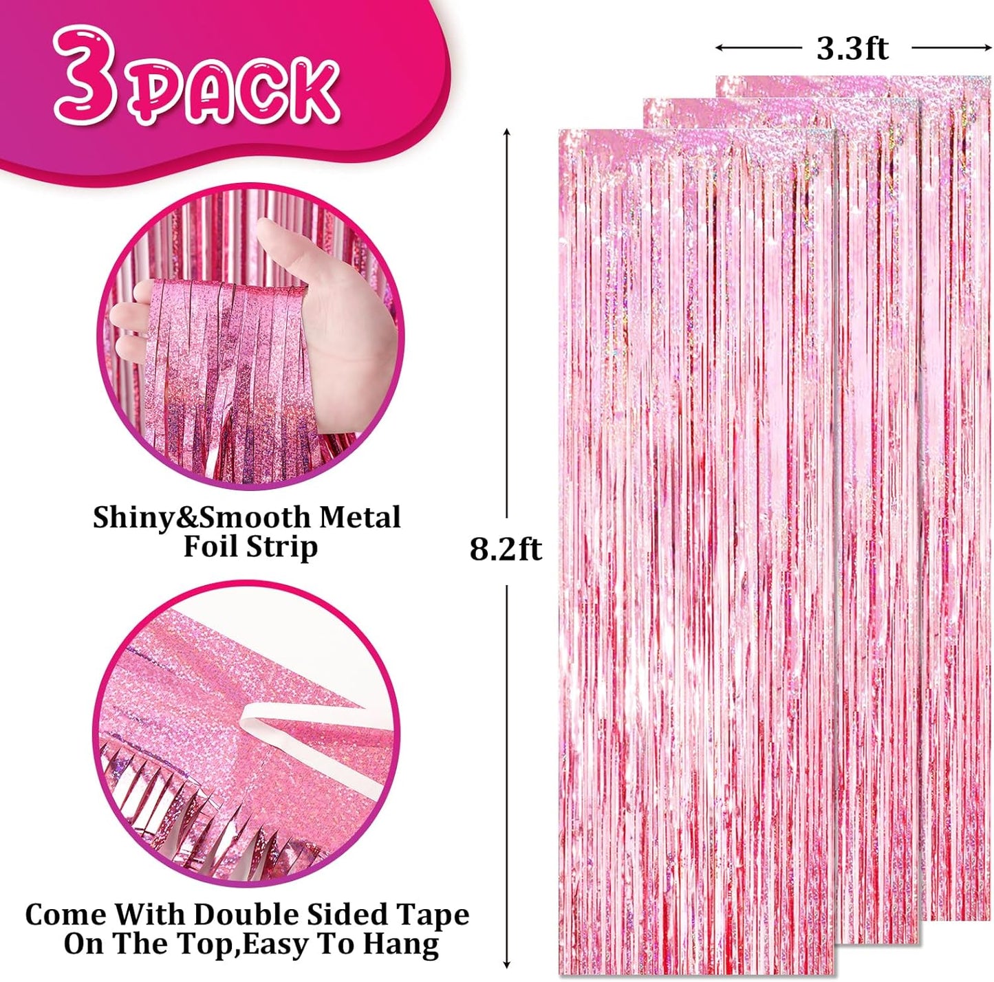 3 Pack 3.3x8.2 Feet Laser Pink Foil Fringe Backdrop Curtains, Tinsel Streamers Birthday Party Decorations, Fringe Backdrop for Graduation, Baby Shower, Gender Reveal, Disco Party
