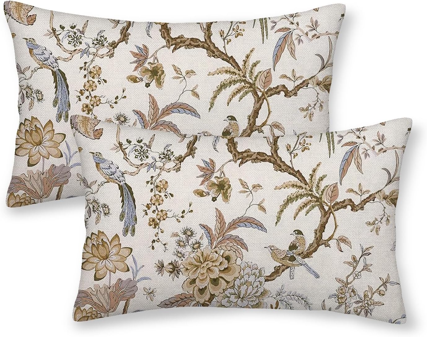 Spring Floral Birds Pillow Covers 12 x 20 Inch Set of 2 for Chinoiserie Flowers Decor Throw Pillows Brown and White Plant Outdoor Decorative Cushion Cases for Couch Bed Decorations