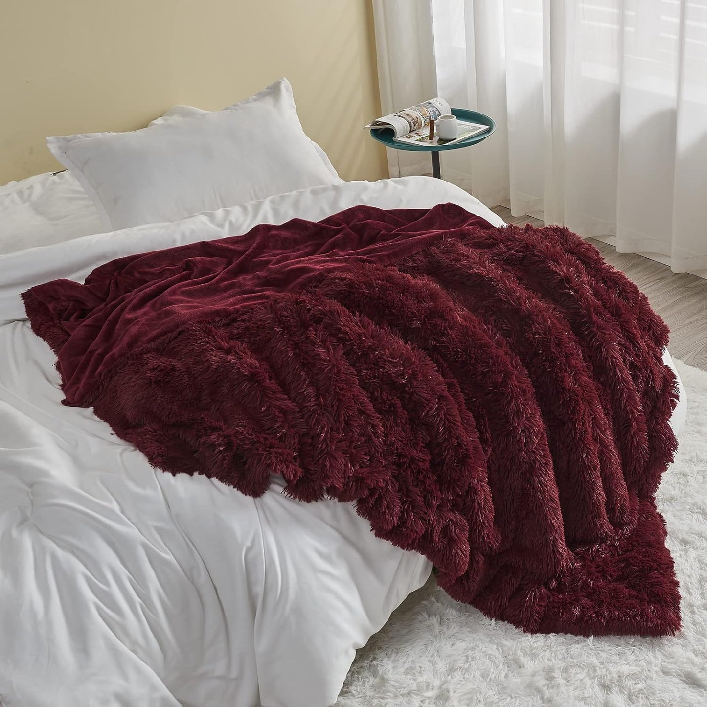 GONAAP Fuzzy Faux Fur Throw Blanket Twin Size Wine Red Super Soft Cozy Plush Fuzzy Shaggy Blanket for Couch Sofa Bed (Wine Red, Twin(60"x80"))