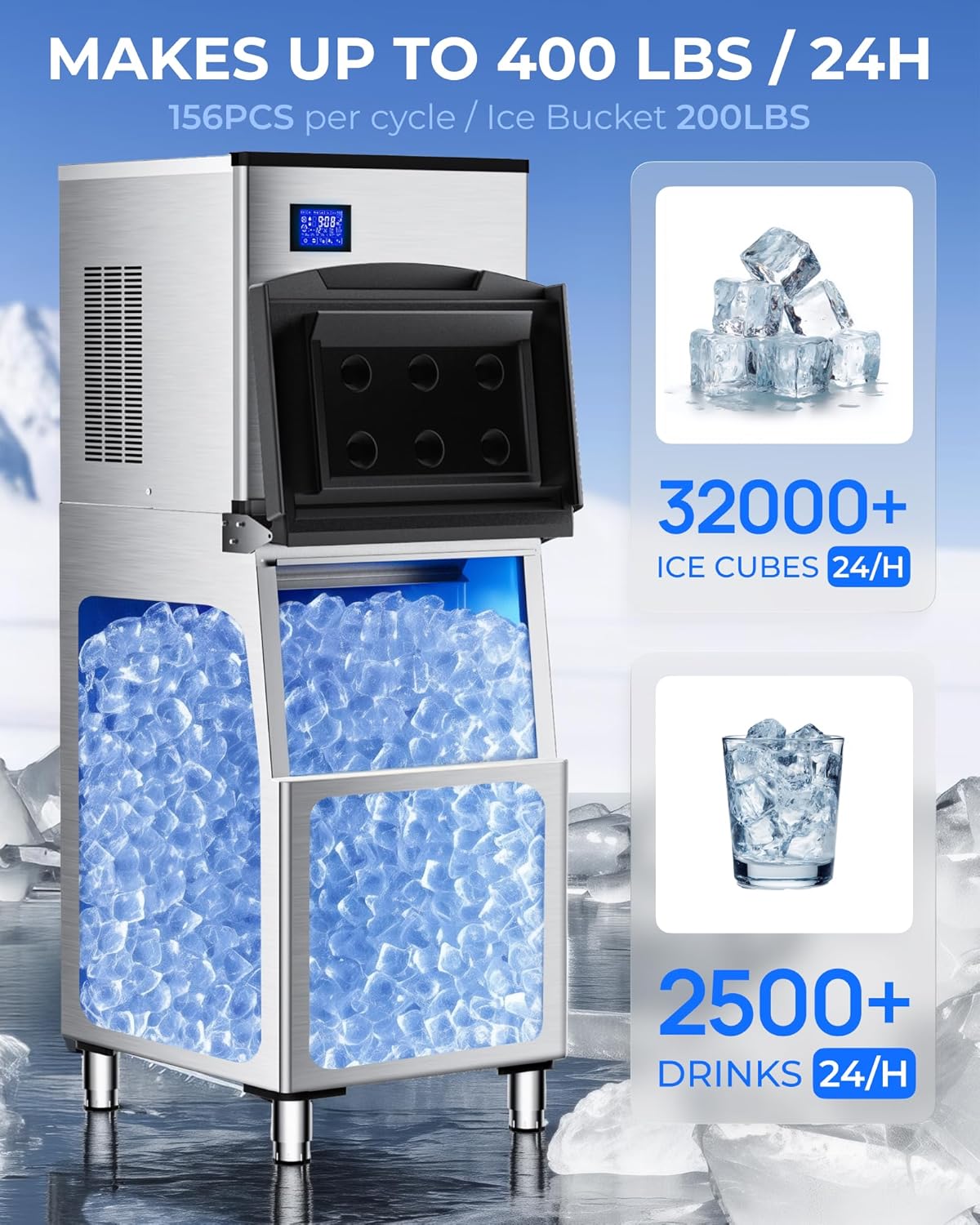 Commercial Ice Maker Machine 400 LBS/24H, Undercounter Large Ice Makers 250 LBS Storage Bin and 156 Ice Trays, Icemaker Machine with Touch Screen, Self-Cleaning for Bar/Cafe/Restaurant