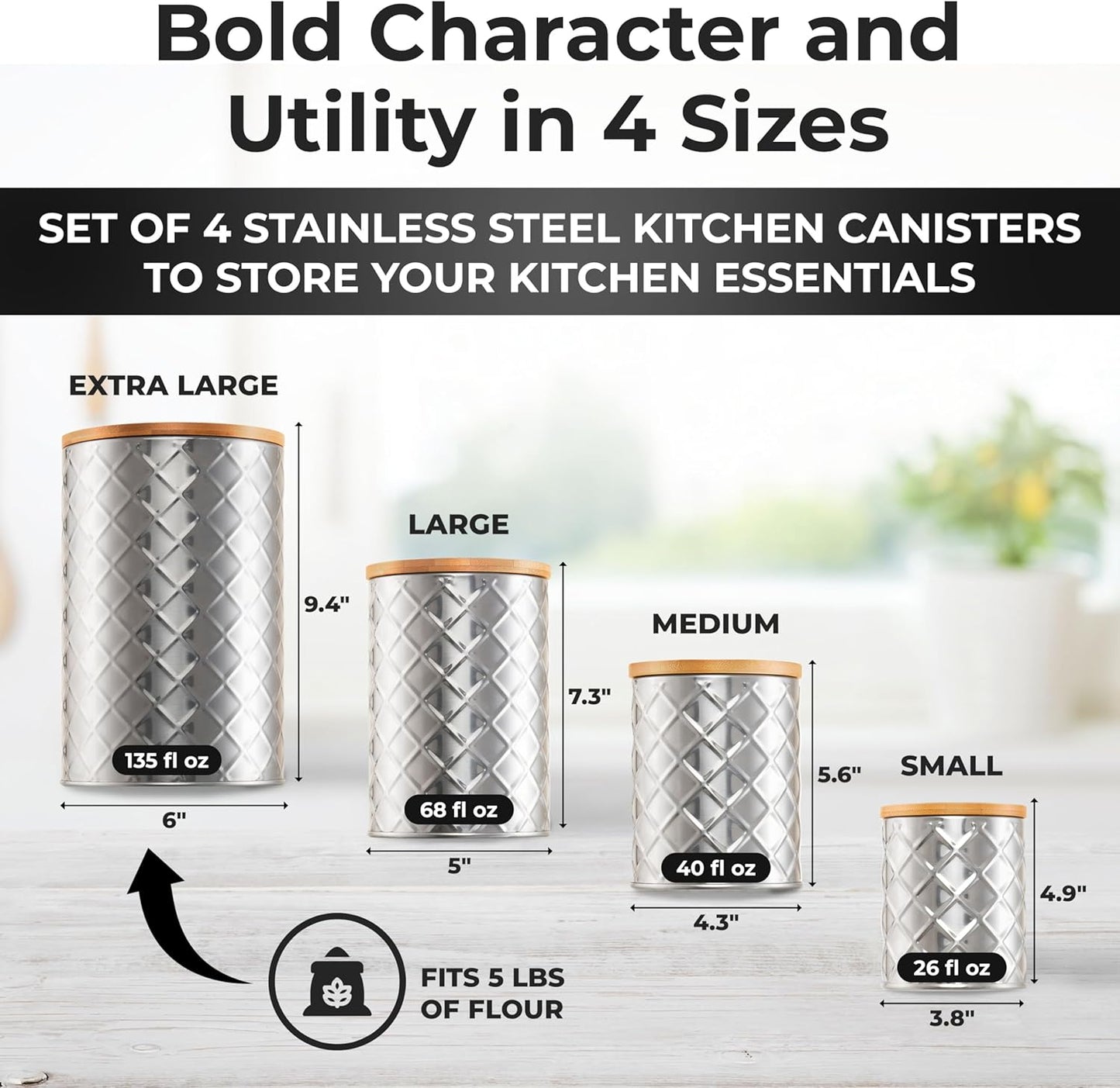 Pebble & Stem® Silver Stainless Steel Canister Set for Kitchen Counter, Food-Grade Canister Set of 4, Airtight Lids, Sugar and Flour Containers for Countertop, Coffee and Tea Storage, Farmhouse Decor