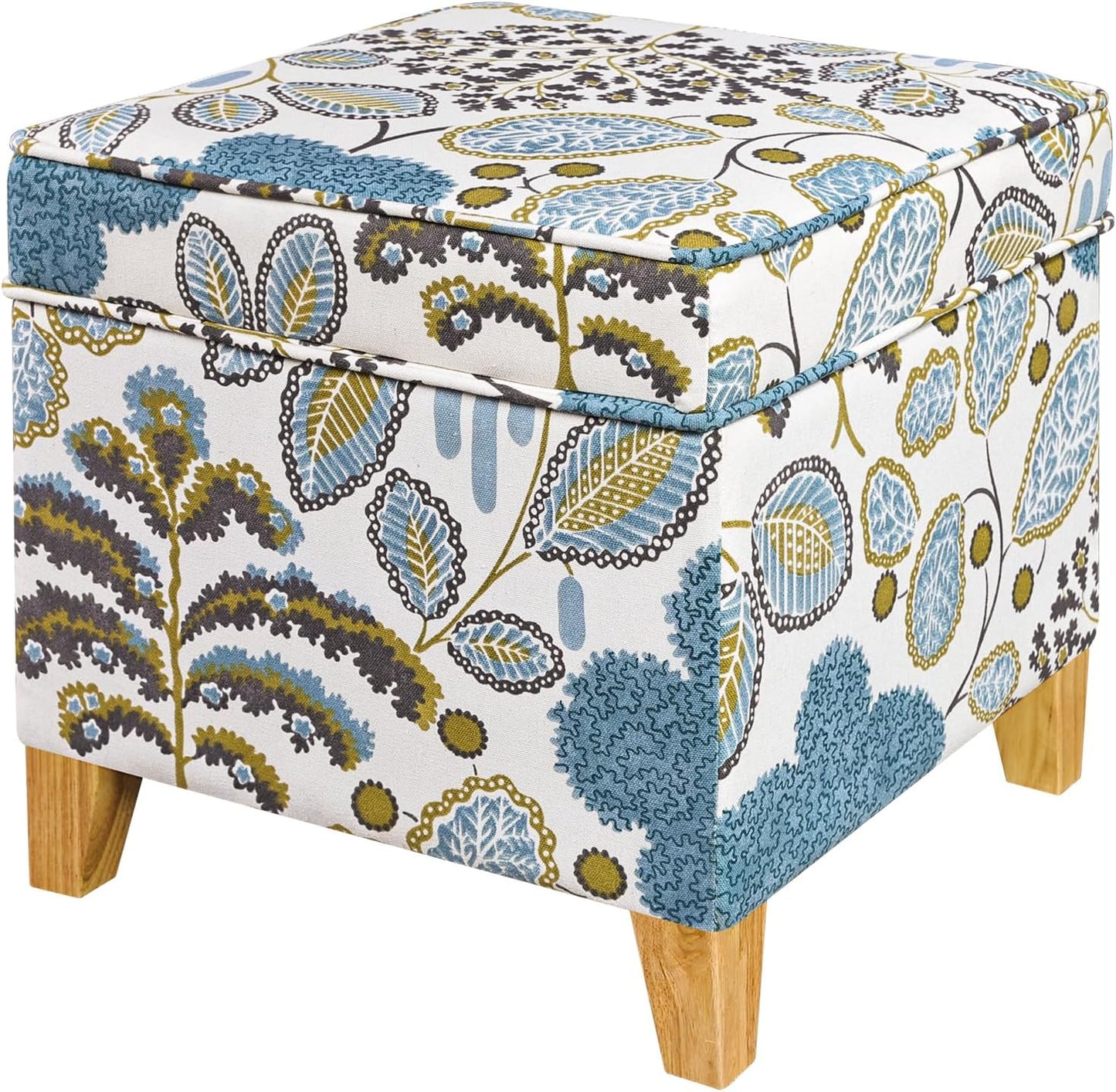 Adeco 18 Inch High Cube Ottoman Storage, Linen Chair Foot Stools, Upholstered Vanity Stool with Hinged Lid, Solid Wood Legs (Blue Leaves)