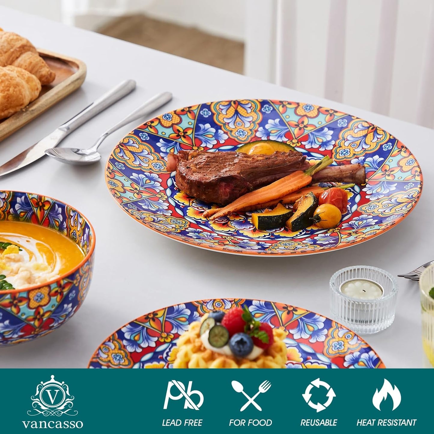 vancasso 12 Pieces Dinnerware Sets, Orange Plates and Bowls Set, Porcelain Dishes Set for 4, Microwave and Dishwasher Safe, Scratch Resistant, Bohemian Style Dining Ware Service for 4, Series SIMI