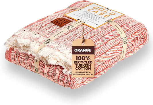 Gold Case Throw Blanket for Couch – 100% Recycled Turkish Cotton Blankets & Throws – Elegant Decorative Throw Blankets for Living Room Sofa – Woven Throws for Couch – Vintage Orange – 60x80