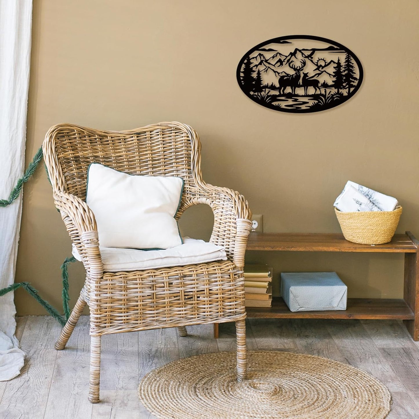 Rustic Metal Deer Cabin Sign, Christmas Gift for Living Room,Welcome Sign, Deer Outdoor Metal Wall Art, Great Gift for Hunters, Cabin Deco