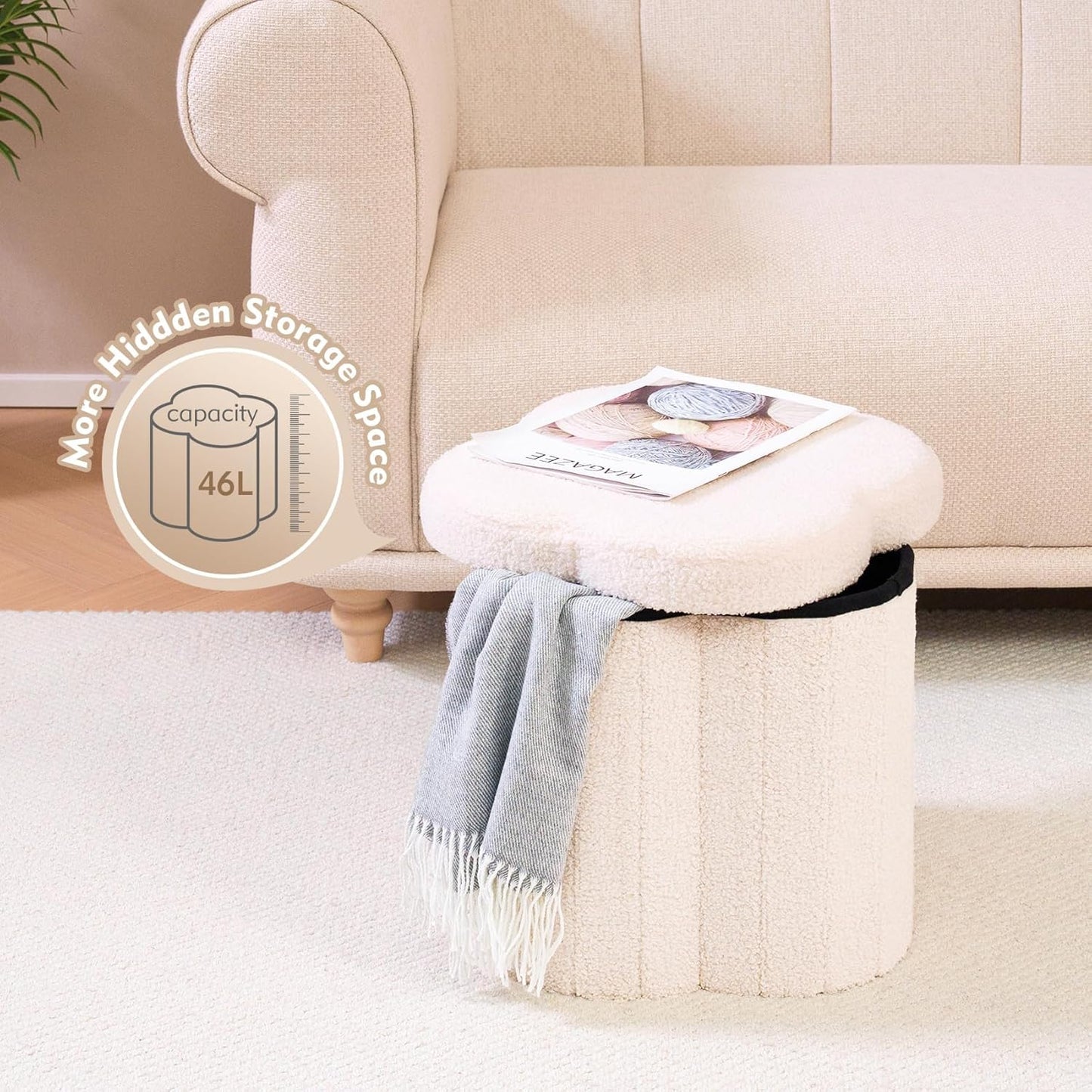 B FSOBEIIALEO Storage Ottoman Cube, Flowers Shaped Ottomans with Storage Foot Stool Footrest, Boucle Ottoman Seat for Dorm Room, Faux Teddy Fur, Cream White 15"x15"x15"