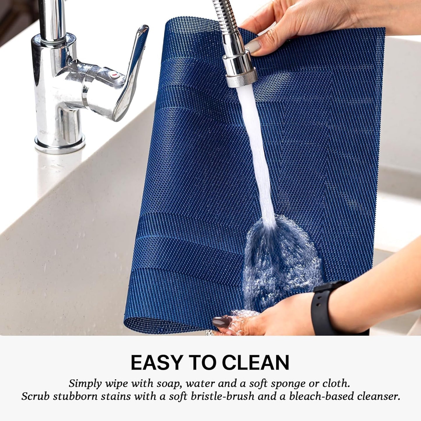 LEXMORE PlaceMats Set of 12 Vinyl/Plastic Woven Place Mats for Kitchen Table Indoor/Outdoor Washable PlaceMat Wipeable Dining Table Mats(Navy Cube)