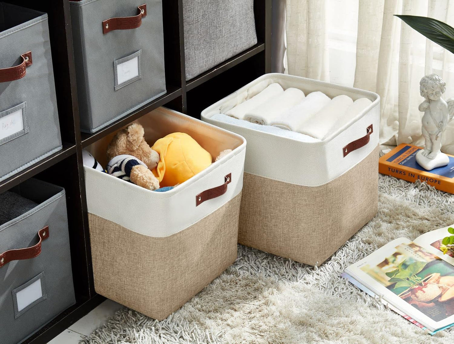 DECOMOMO 13 Inch Cube Storage Bins, Fabric Storage Cube, Basket for Kallax Shelves (Beige & White, Cube 13" - 4 Pack)