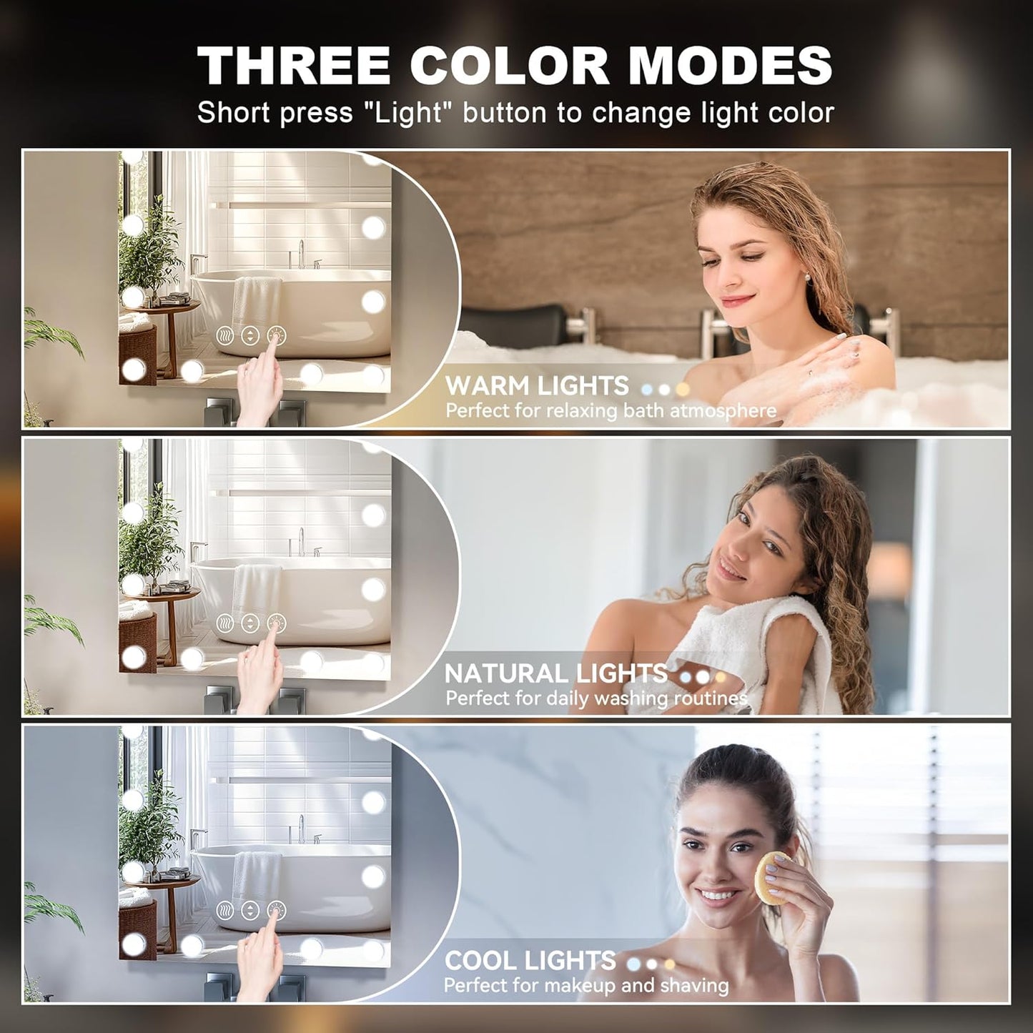 Hasipu LED Bathroom Mirror with Lights, 59" x 30" Hollywood Wall-Mounted Bathroom Mirror with 24 Dimmable Bulbs, 3 Colors Modes, Touch Control, Anti-Fog, Memory Function, Shatter-Proof, ETL Listed