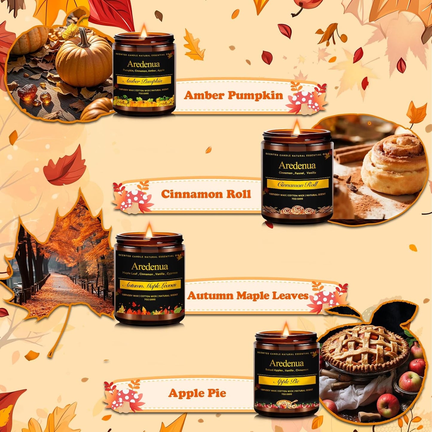 Fall Candles Set | 4 Pack Autumn Scented Candles, Soy Candles for Home Scented, Cozy Seasonal Candle Gifts for Women Men - Fall Scents of Cinnamon Roll/Pumpkin/Autumn Leaves/Apple Pie