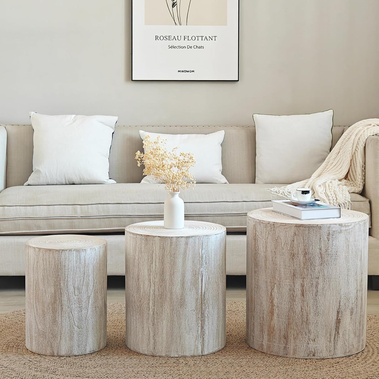 Round Nesting Coffee Table Set of 3, Small Pedestal Stand, Modern Circle Coffee Tables, Wooden Accent Side Table End Footstools for Living Room Office Bedroom, Farmhouse, Whitewashed