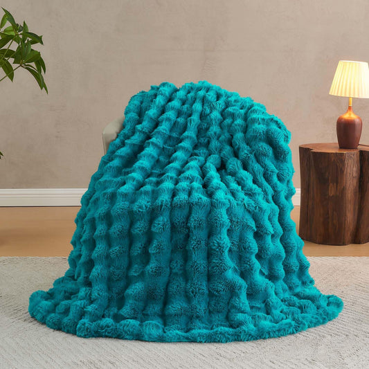 Lotus Karen Faux Fur Teal Throw Blanket - Big Bubble Rabbit Fluff Blanket for Couch Bed Sofa,Softest Fluffy Fuzzy Cozy Blanket,Thick Furry Plush Shaggy Warm Blankets for Women,50x60 Inches