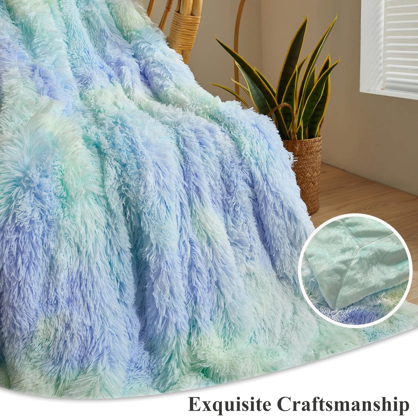 XeGe Plush Faux Fur Rainbow Throw Blanket, Tie Dye 50x60 Shaggy Furry Blanket Throw, Fluffy Microfiber Velvet Couch Blanket, Soft Colorful Fuzzy Lap Blanket for Girls Teens Women Kid Rainbow Blue