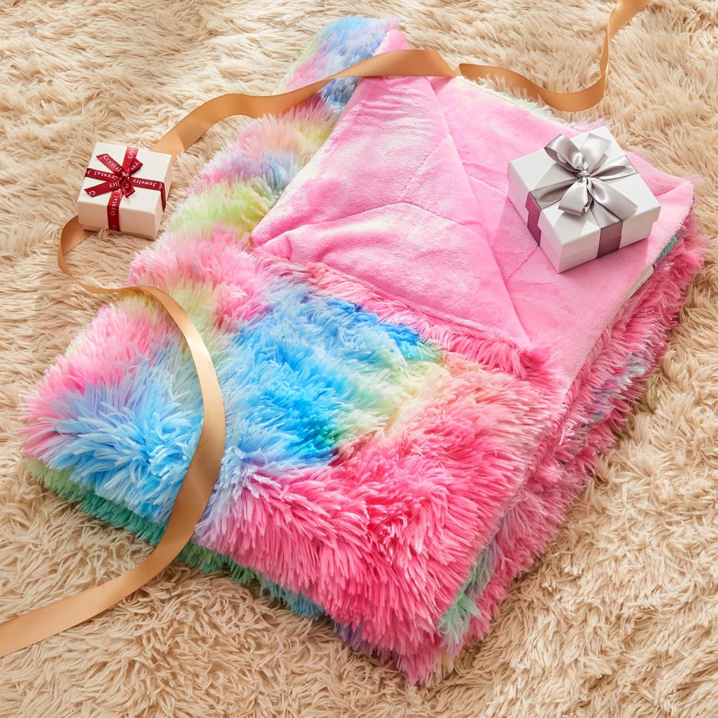 GONAAP Fuzzy Faux Fur Throw Blanket Dark Rainbow Super Soft Cozy Plush Fuzzy Shaggy Blanket for Couch Sofa Bed (Dark Rainbow, Throw(50"x60"))