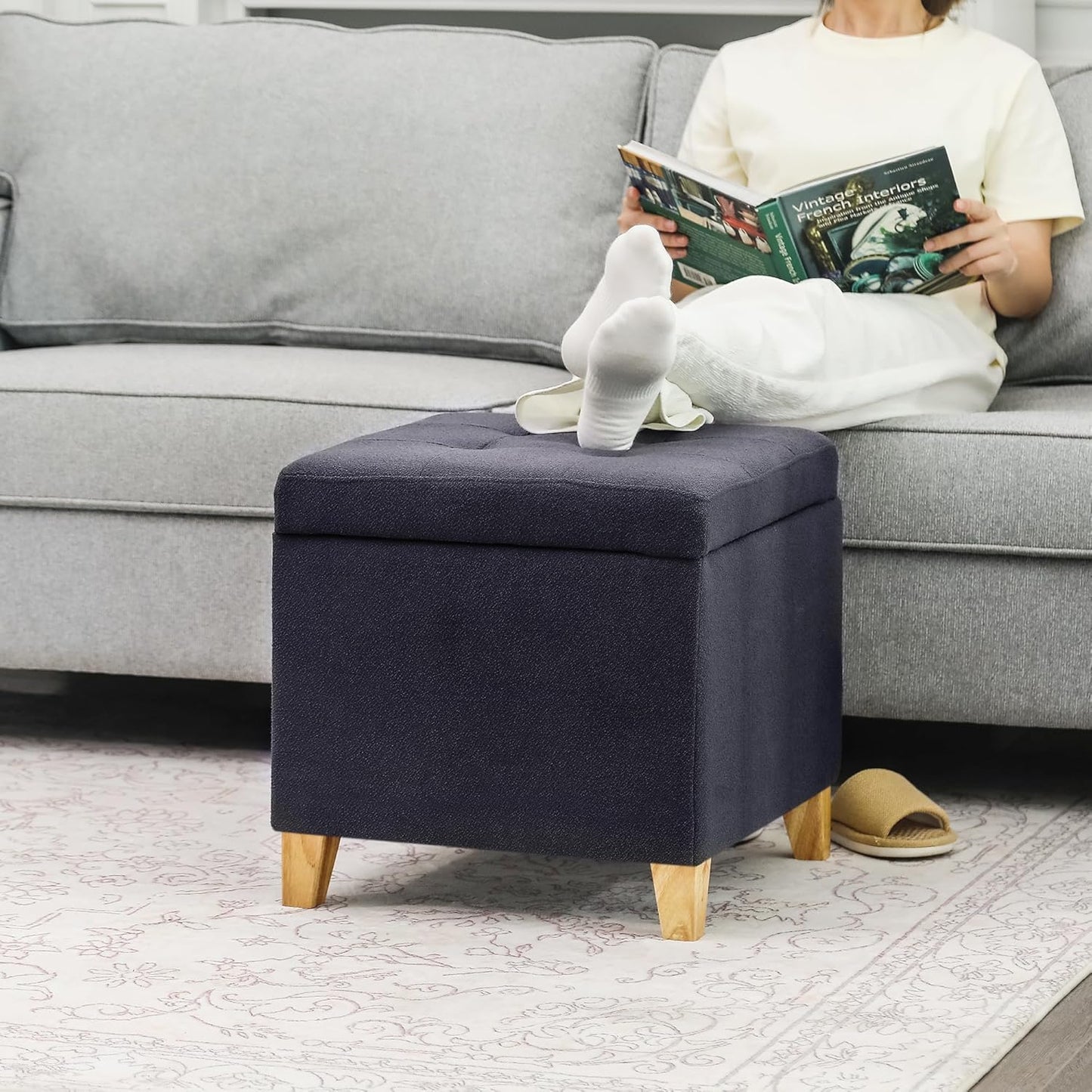 Adeco Fabric Storage Ottoman Bench with Solid Wood Legs, 17.7" Square Dark Grey Cotton Linen Cube Foot Stool, Upholstered Button Tufted Vanity Chair with Hinged Lid for Living Room, Bedroom, Dorm