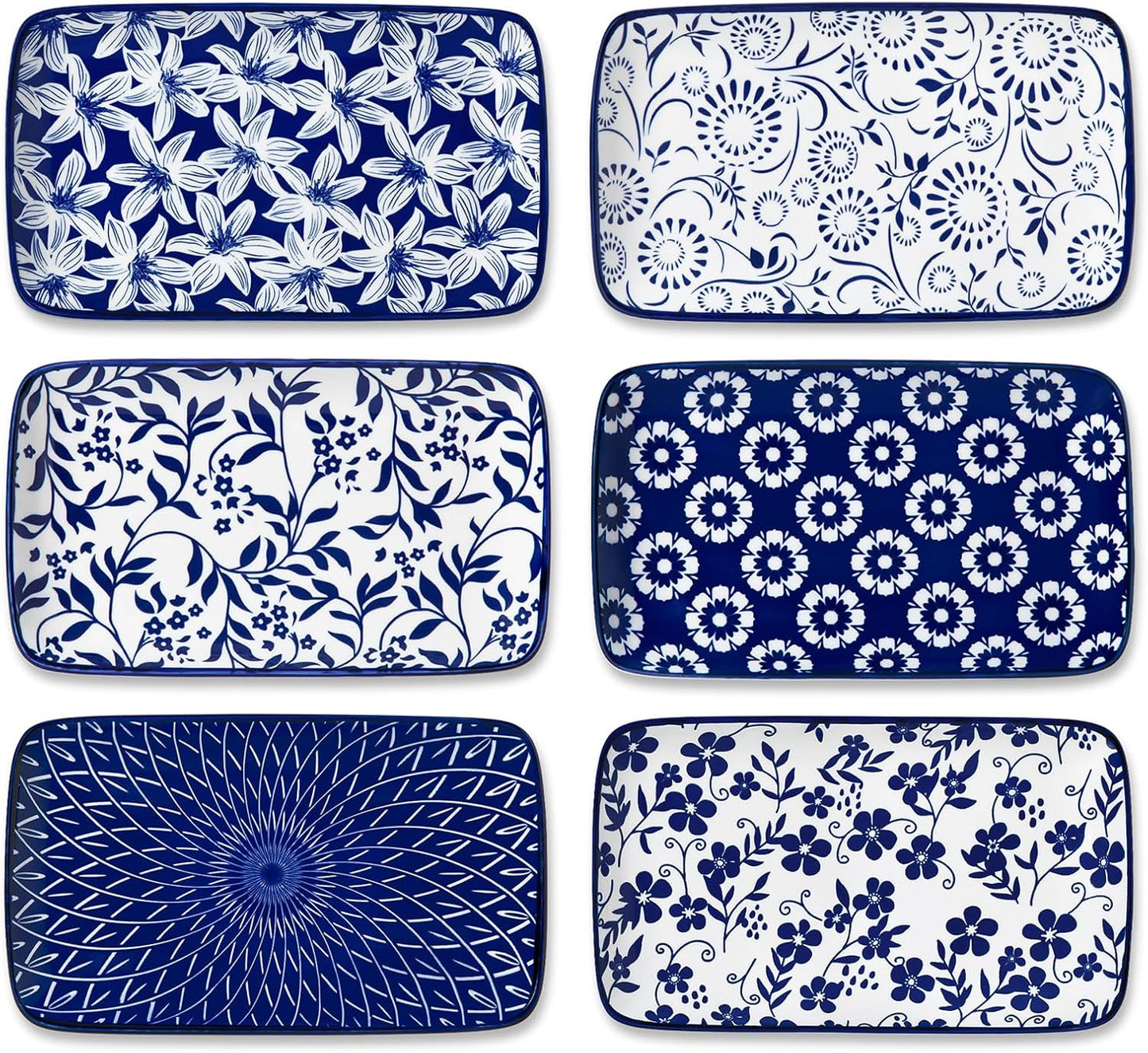 vancasso Selene 8.5 Inch Rectangular Salad Plates Set of 6, Ceramic Salad Plates for Sushi, Dessert, Appetizer, Porcelain Platters for Kitchen Decor, Microwave & Oven Safe, Vintage Blue & White Color