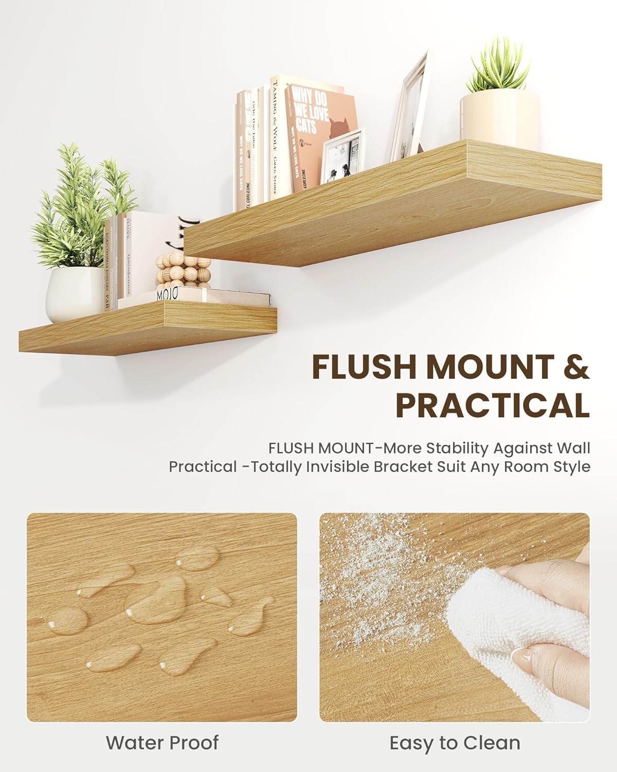 Marsmiles 55" Floating Shelves for Wall, Wooden Shelves with Invisible Brackets Set of 2, Rustic Farmhouse Wall Mounted Shelf for Kitchen Bathroom Living Room Study, Natural Oak