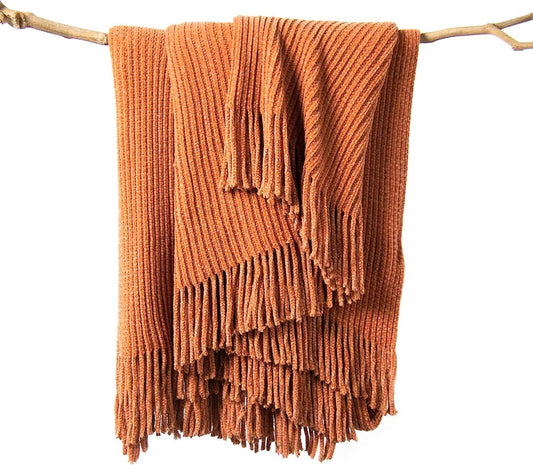 lifein Throw Blanket for Couch, Soft Boho Bed Throw,Cozy Burnt Orange Chenille Knitted Small Spring Lightweight Throw for Spring(Rust,50 * 60")
