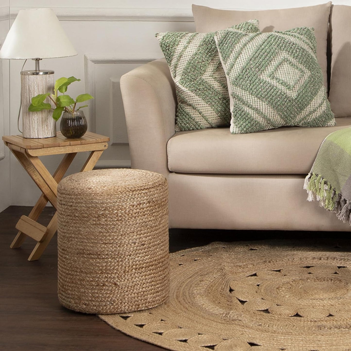 REDEARTH · Cylindrical Pouf Ottoman - Braided Pouffe Accent Sitting Round Footrest for Living Room, Bedroom, Nursery, kidsroom, Patio, Gym; 100% Jute (14.5"X14.5"X16"; Natural)