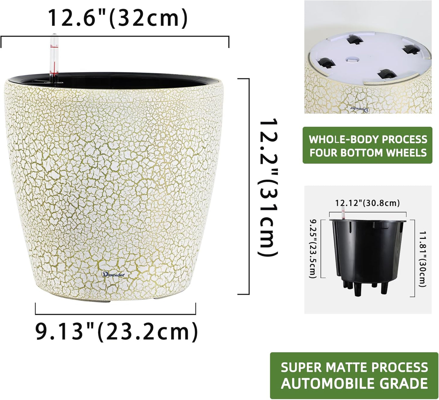 Dexceder 13x12 Self Watering Planter with Wheels Indoor Outdoor, Inner Pot Design, Thickened Large Floor Standing Flower Plant Pot with Water Level Indicator (White Gold Crackle)