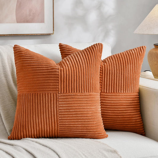 Fancy Homi 2 Packs Burnt Orange Decorative Throw Pillow Covers 22x22 Inch for Living Room Couch Bed, Rustic Farmhouse Boho Home Decor, Soft Corss Corduroy Patchwork Accent Square Cushion Case 55x55 cm