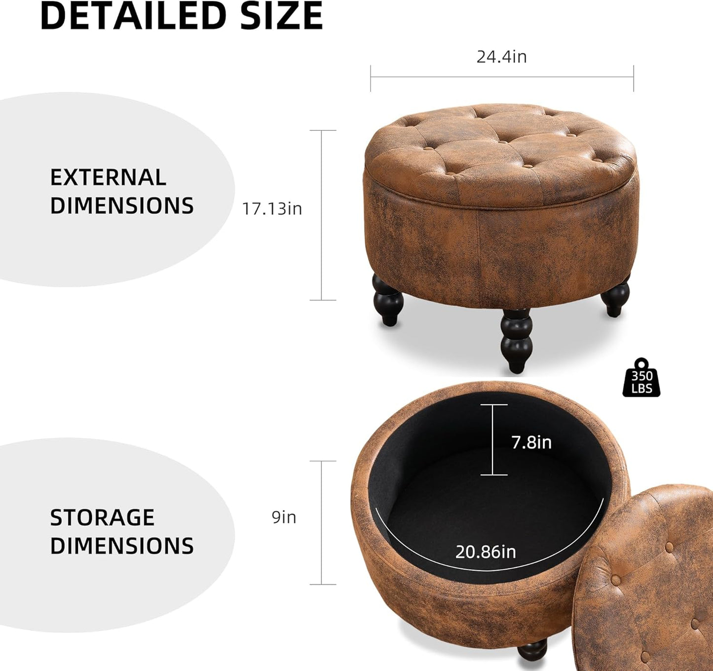 PU Leather Round Ottoman with Storage, Upholstered Tufted Storage Footstool, Modern Wooden Coffee Table for Living Room, Bedroom,Light Brown(PU)