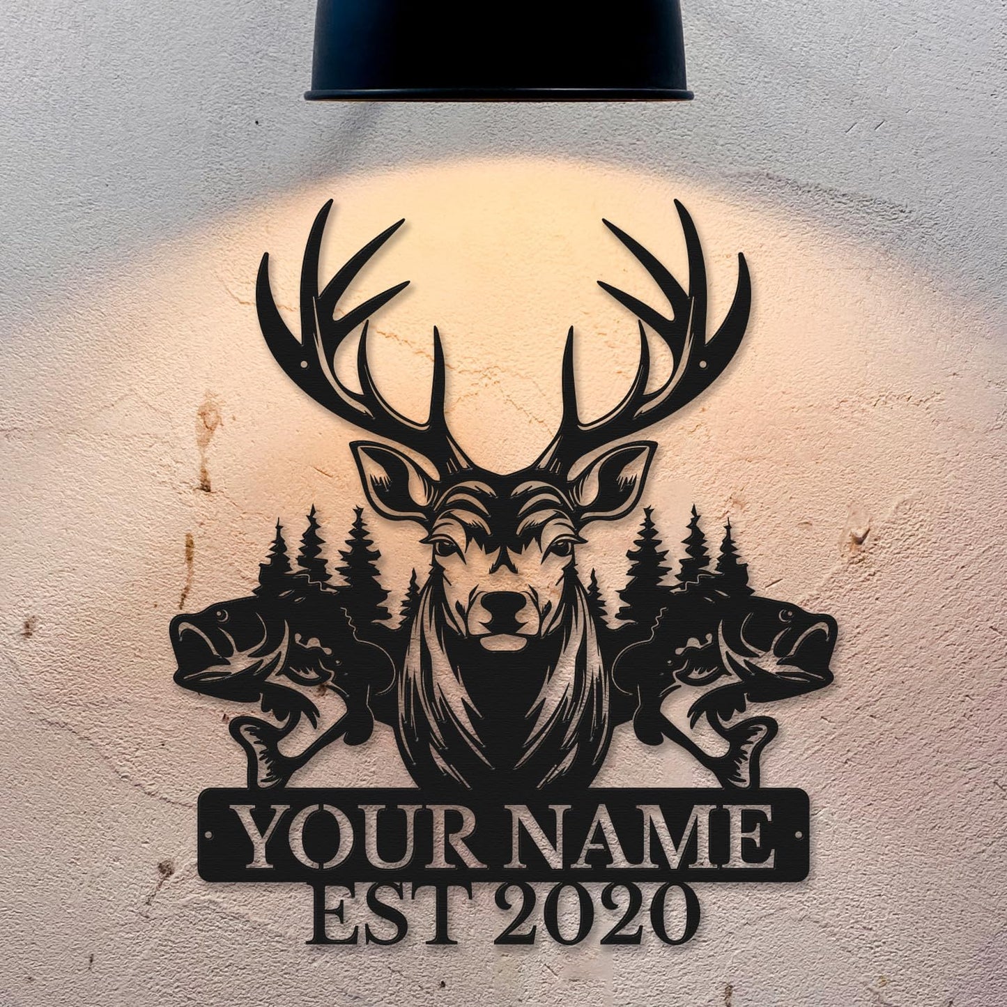Personalized Custom Forest Deer and Fish Wall Decor, Metal Signs, Black Metal Wall Art, Custom Name Signs for Dad's Shed, Camping and Hunting Decor