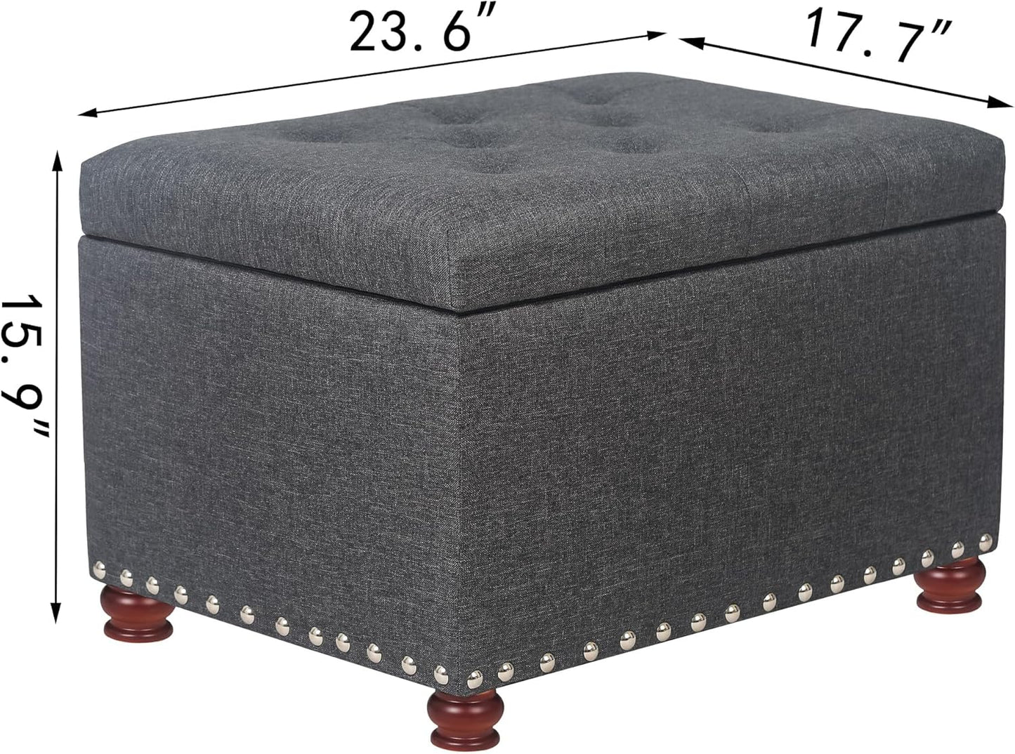 Joveco Storage Ottoman Linen Tufted Bench with Rivet, Rectangular Footrest Stool Coffee Table Seat for Living Room Bedroom, Grey