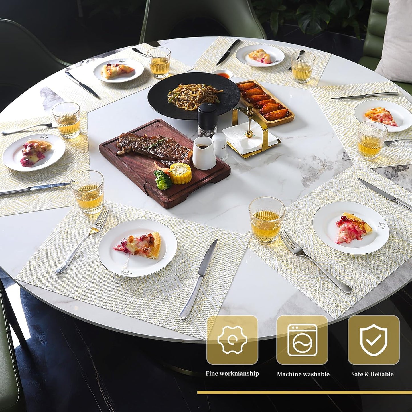 Vinyl Plastic Placemats Set of 6 Washable Heat Resistant Non-Slip Elegant Indoor Outdoor Kitchen Dining PVC Woven Table Place Mats (Yellow Squares)