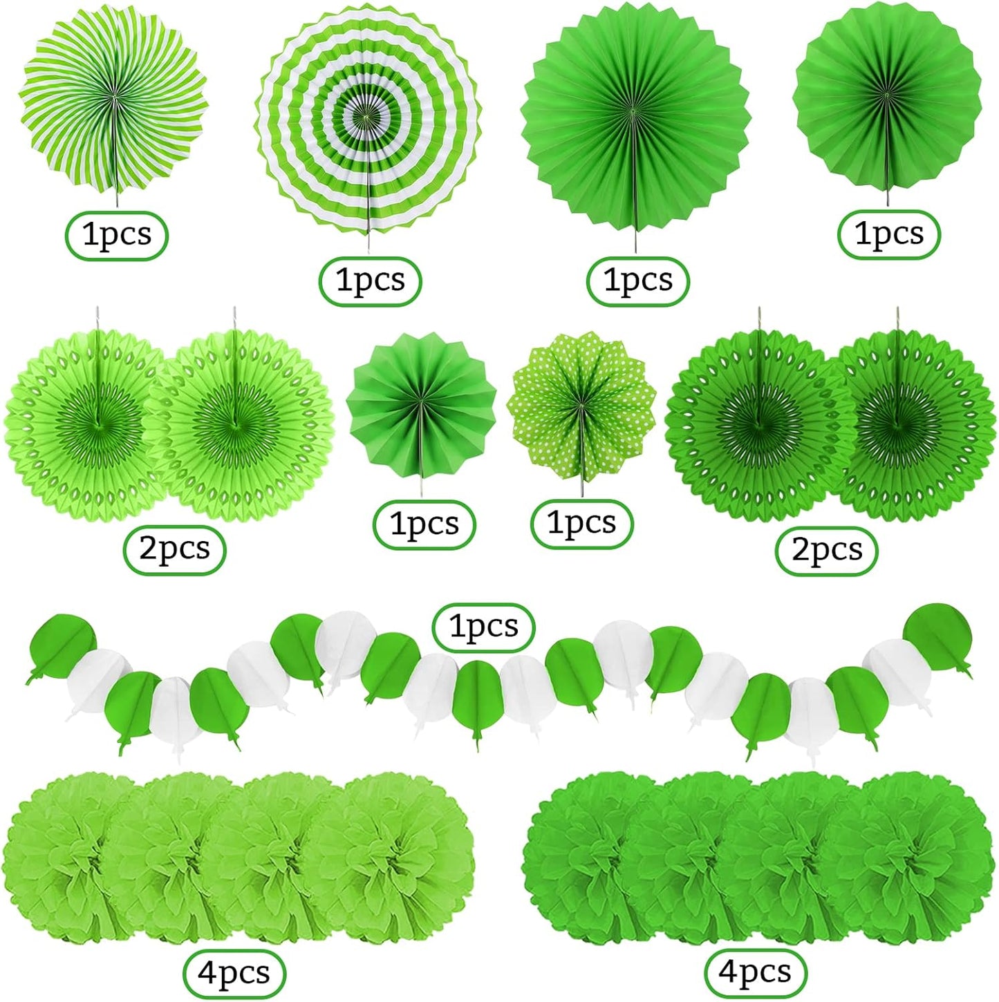 Green Party Decorations, Papar Fans Pompoms Fans Garlands for Birthday Wedding Graduation Summer Forest Carnival St.Patrick's Irish Party Decorations