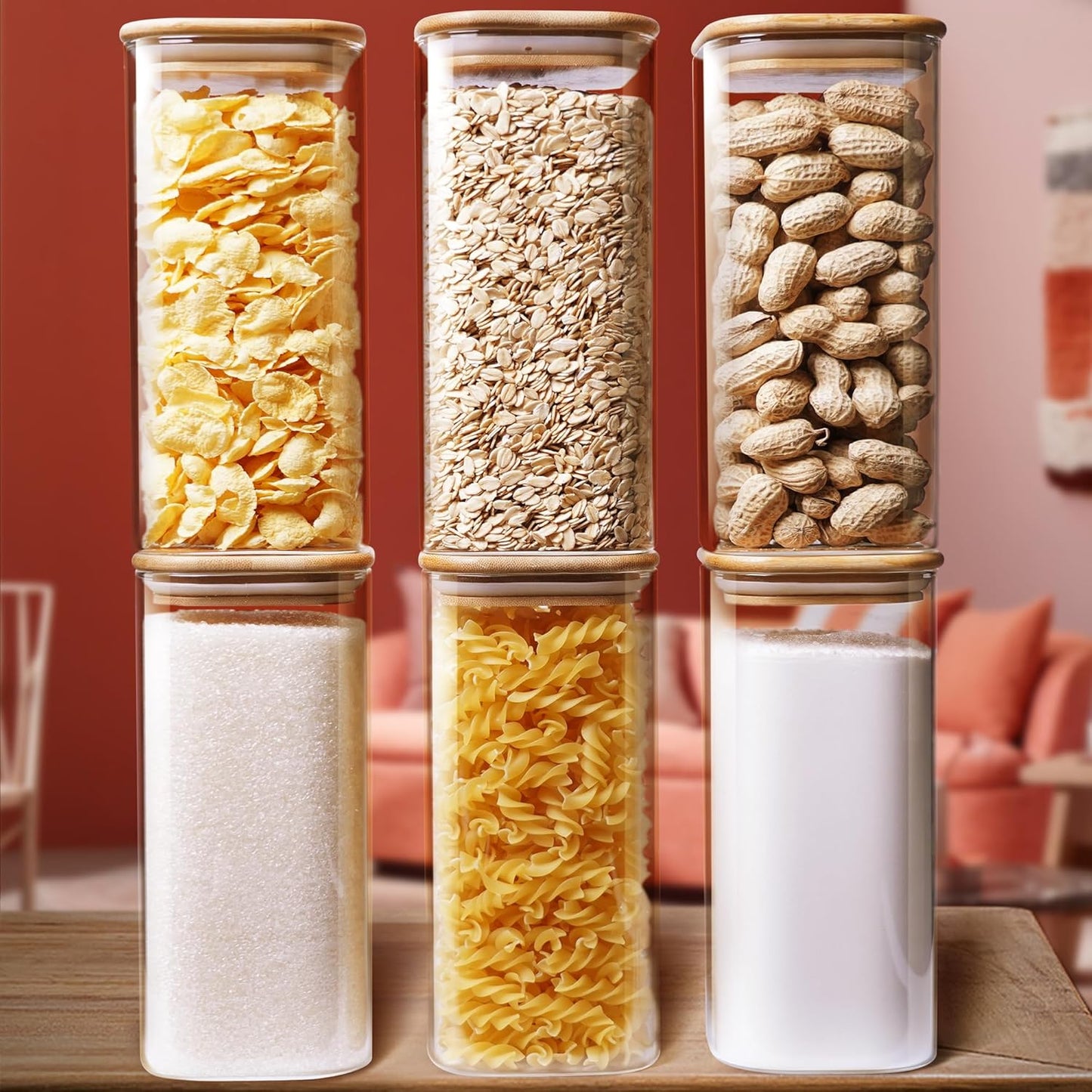 Square Glass Jars with Bamboo Lids 30 FL OZ [Set of 6], Glass Canisters with Airtight Lid, Glass Food Storage Container for Pasta, Flour, Sugar, Rice, Best for Kitchen & Pantry