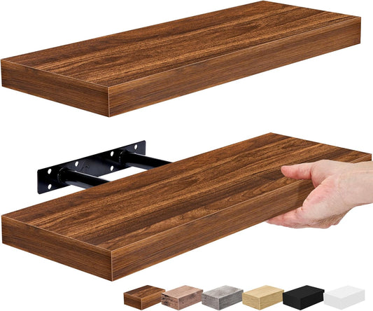 Sorbus Floating Shelves for Wall, Bathroom Shelves Wall Mounted for Kitchen, Bedroom, Bathroom Storage Over Toilet, Hanging Book Shelf for Home Decor Living Room (Walnut, 2 Pack)