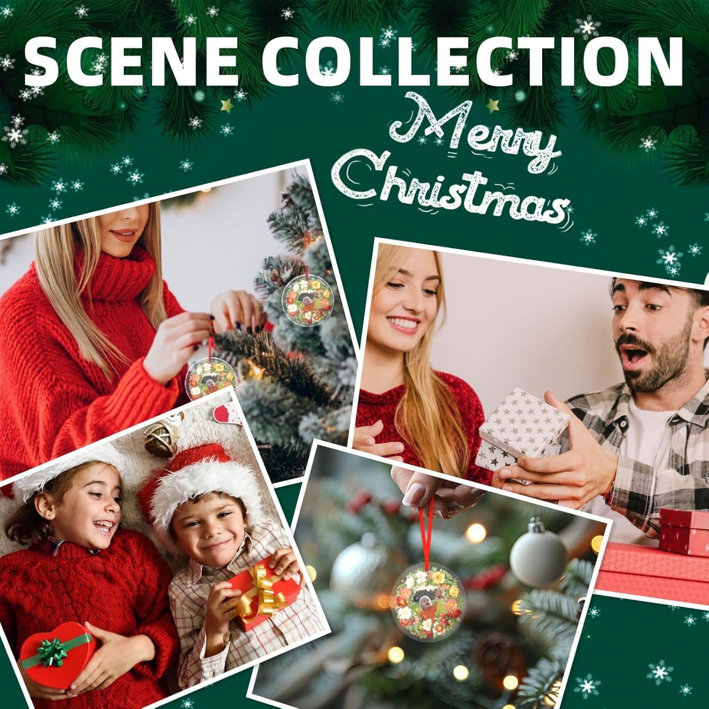 Personalized Christmas Ornaments, Custom Glass Ornament with Photo,Customized Christmas Tree Decor Gifts for Pet, Dad, Mom, Him, Her, Flower Wreath