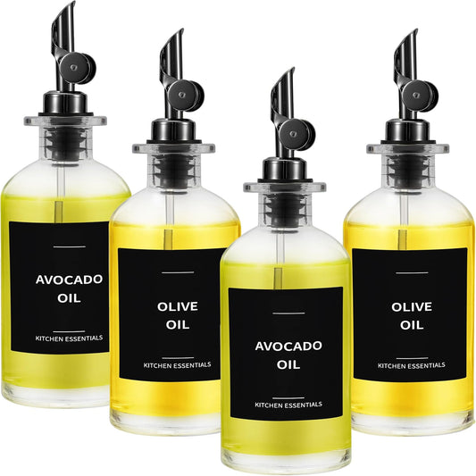 Olive Oil Dispenser Bottle - Includes 55 Kitchen Essential Labels - Cooking Oil Bottles for Kitchen, Coffee Syrup Dispenser - Pourer Spout with 11.8 fl oz Glass Container Cruet - 4pcs, Black