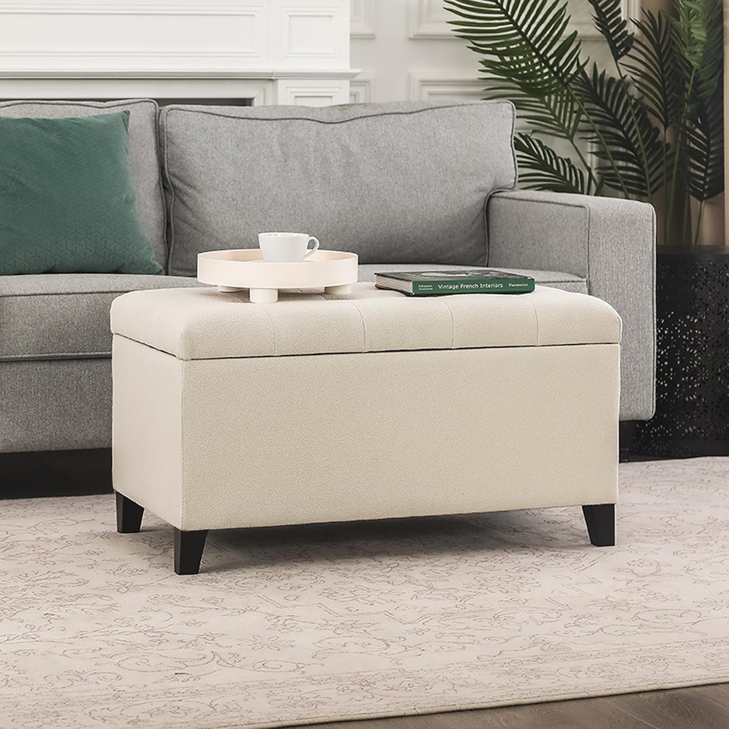 Asense Storage Ottoman Bench, Tufted Fabric Upholstered End of Bed Bench with Safety Hinge Wooden Legs, for Entryway Bedroom (Cotton and Linen Beige, 33.3")