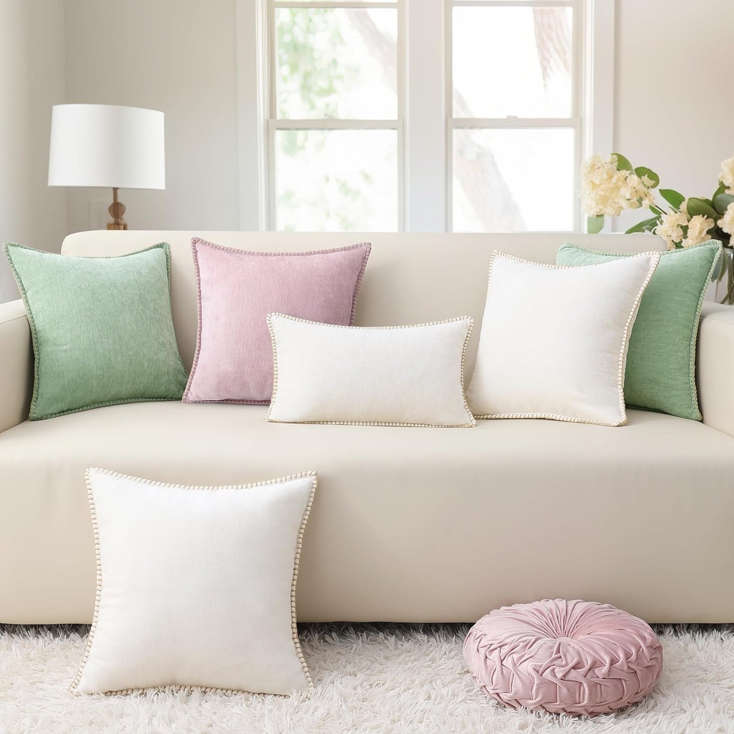 decorUhome Chenille Soft Throw Pillow Covers 20x20 Set of 2, Farmhouse Velvet Neutral Decorative Euro Pillow Covers with Stitched Edge for Couch Sofa Bed Home Decor, Cream White