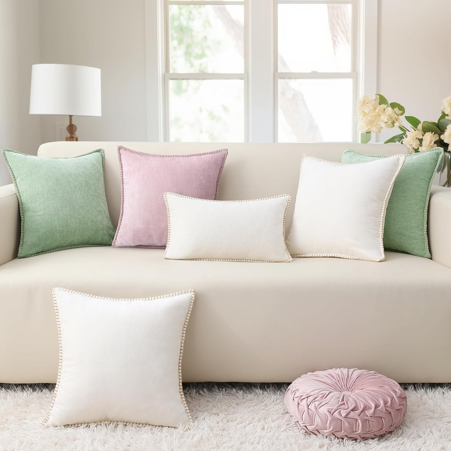 decorUhome Chenille Soft Throw Pillow Covers 12x20 Set of 2, Lumbar Velvet Farmhouse Neutral Decorative Euro Pillow Covers with Stitched Edge for Couch Sofa Bed Home Decor, Cream White