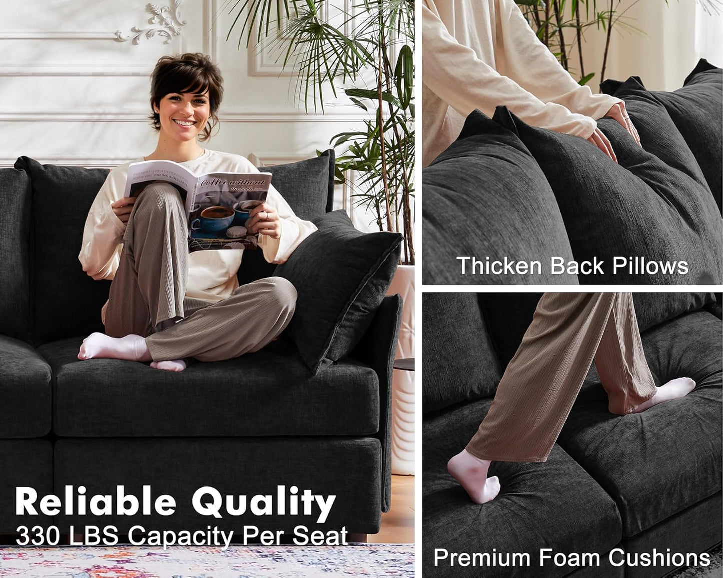 136.4" Oversized Modular Sectional Sofa, U Shaped Convertible Couch with Movable Ottoman, Large 7 Seat Corner Couches for Living Room Deep Seat Black Chenille